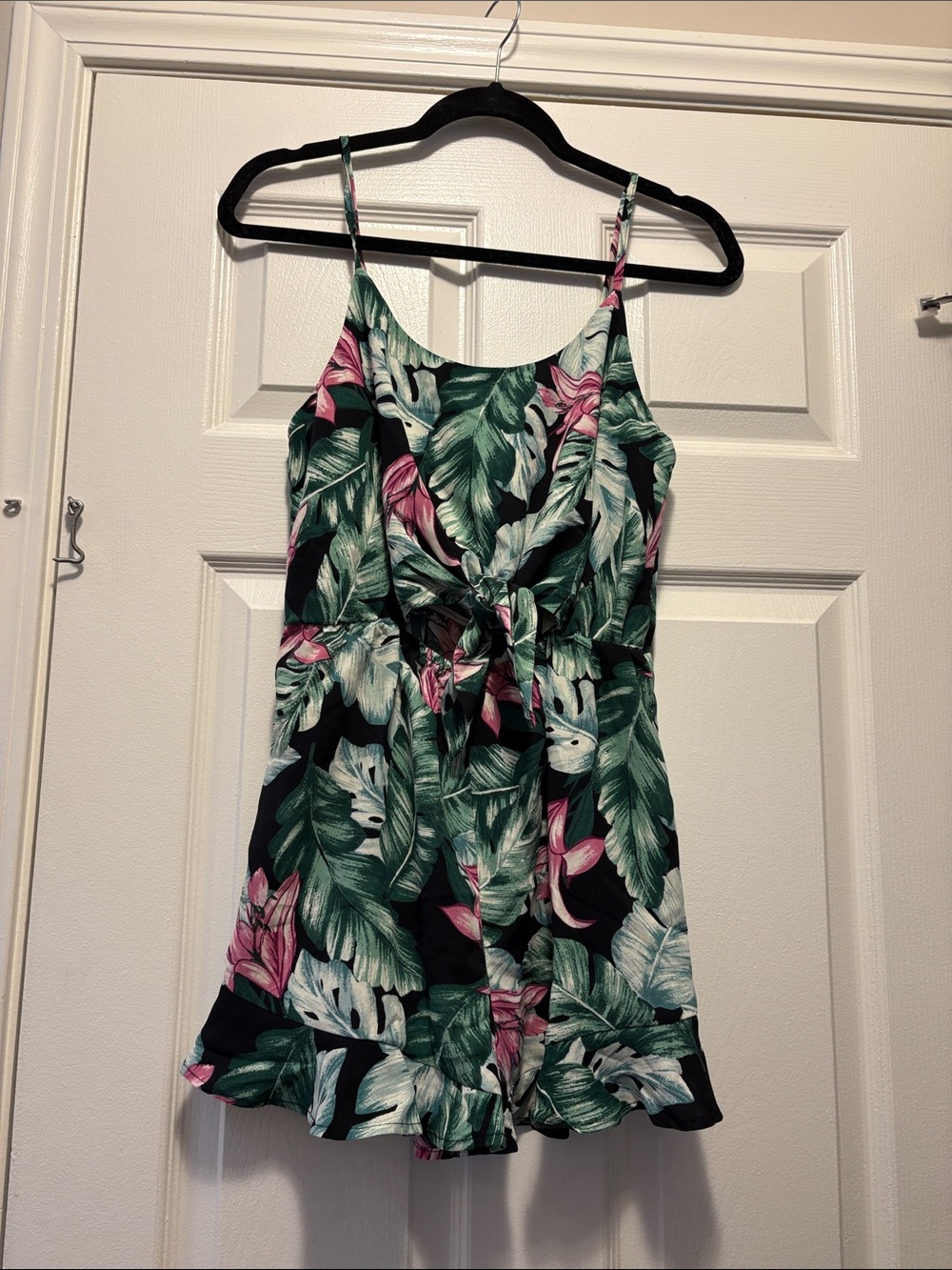Juniors Tropical Leaf Print Romper - Black & Green with Pink Accents